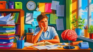 Illustration de la procrastination et des mécanismes cérébraux associés. Image réalisée par IA.