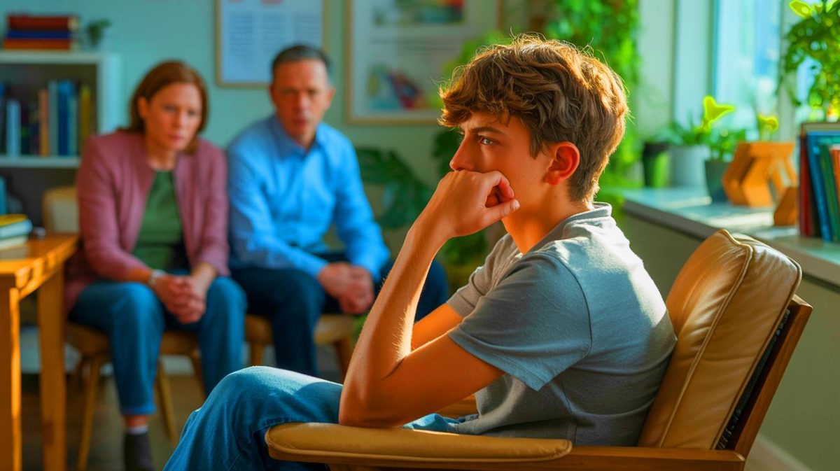 Illustration de la gestion des crises de colère chez un adolescent en consultation. Image réalisée par IA.