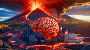 Illustration de la vitrification d'un cerveau romain lors de l'éruption du Vésuve. Image réalisée par IA.