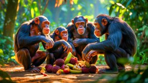 Illustration de chimpanzés partageant des fruits fermentés dans un contexte de sociabilité. Image réalisée par IA.