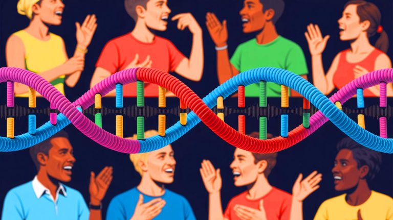 Illustration de l'évolution des capacités linguistiques humaines grâce à des mutations génétiques. Image réalisée par IA.