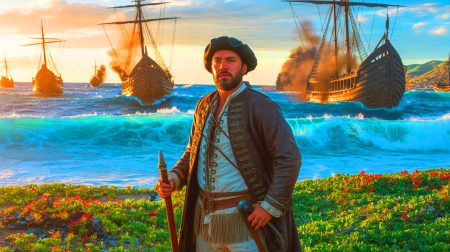 Quand Cortés a tout sacrifié : la dramatique décision de brûler ses navires pour sceller son destin et changer l’histoire à jamais Illustration de Hernán Cortés brûlant ses navires pour symboliser un engagement total. Image réalisée par IA.
