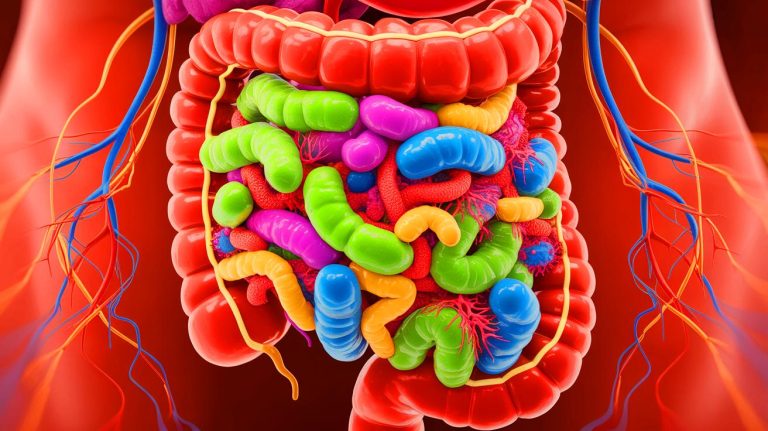 Illustration de la relation entre le microbiote intestinal et la fibromyalgie. Image réalisée par IA.