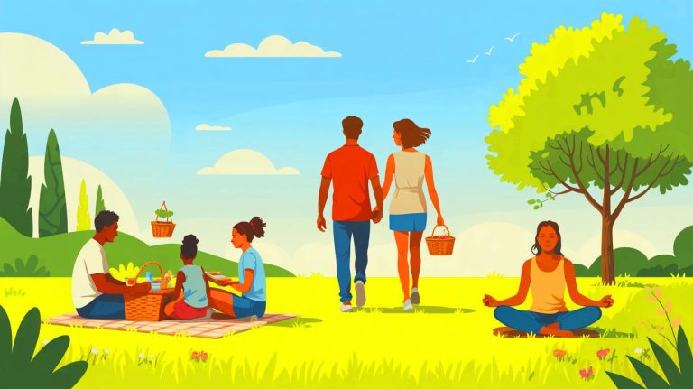 Illustration de personnes trouvant le bonheur dans la simplicité et les petites choses de la vie. Image réalisée par IA.