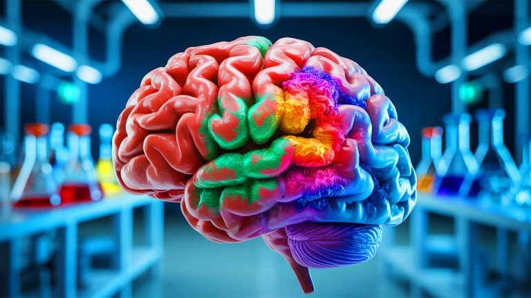 Illustration de l'impact de la maladie d'Alzheimer sur le cerveau, mettant en évidence les altérations neuronales et les agrégats de protéines tau.