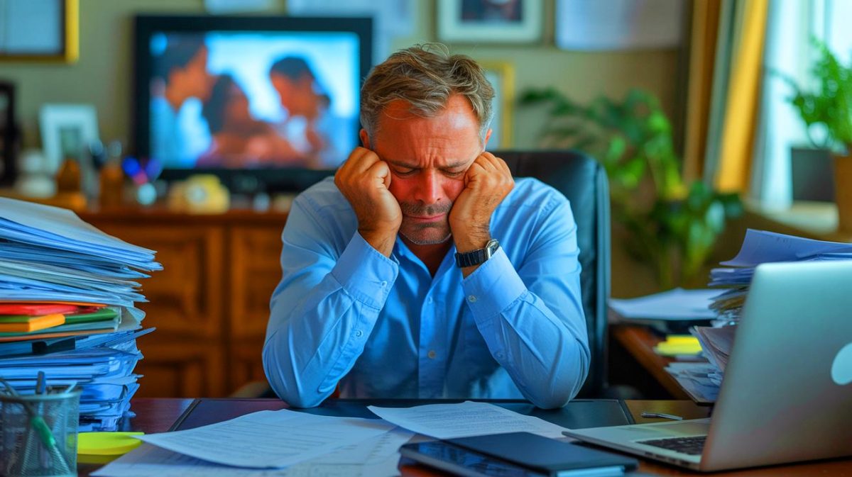 « J’ai crié à l’aide dans mon bureau » : Marc, cadre sous pression, face à l’addiction au travail qui le détruit Illustration de l'impact de l'addiction au travail sur la vie personnelle et familiale de Marc.