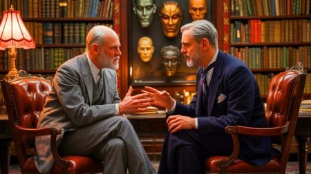 « Dieu n’existe pas » : cette révélation scientifique bouleverse l’Église et plonge des millions de croyants dans le doute Illustration de la rencontre entre Sigmund Freud et Clive S. Lewis discutant de la religion et de la psychanalyse.