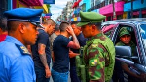 Illustration de l'armée salvadorienne procédant à l'arrestation d'hommes tatoués lors de l'état d'urgence.