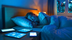 Illustration de l'impact des modes de vie modernes sur le sommeil.