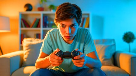 Illustration de l'impact des jeux vidéo sur la santé mentale et la dépendance.